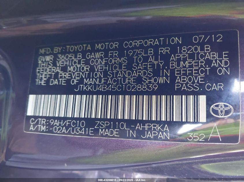 2012 Scion Xd VIN: JTKKU4B45C1028839 Lot: 43286615