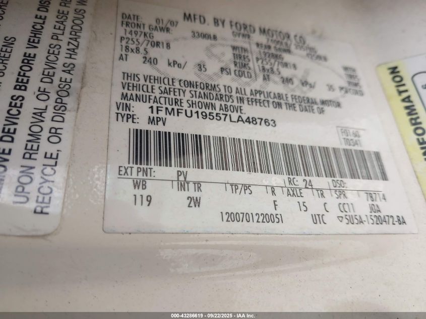 2007 Ford Expedition Limited VIN: 1FMFU19557LA48763 Lot: 43286619