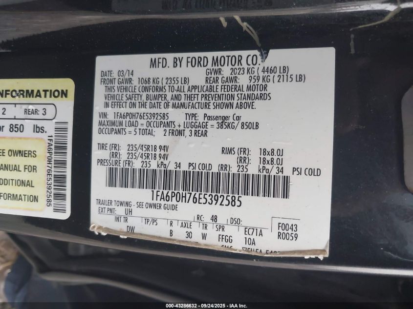 2014 Ford Fusion Se VIN: 1FA6P0H76E5392585 Lot: 43286632