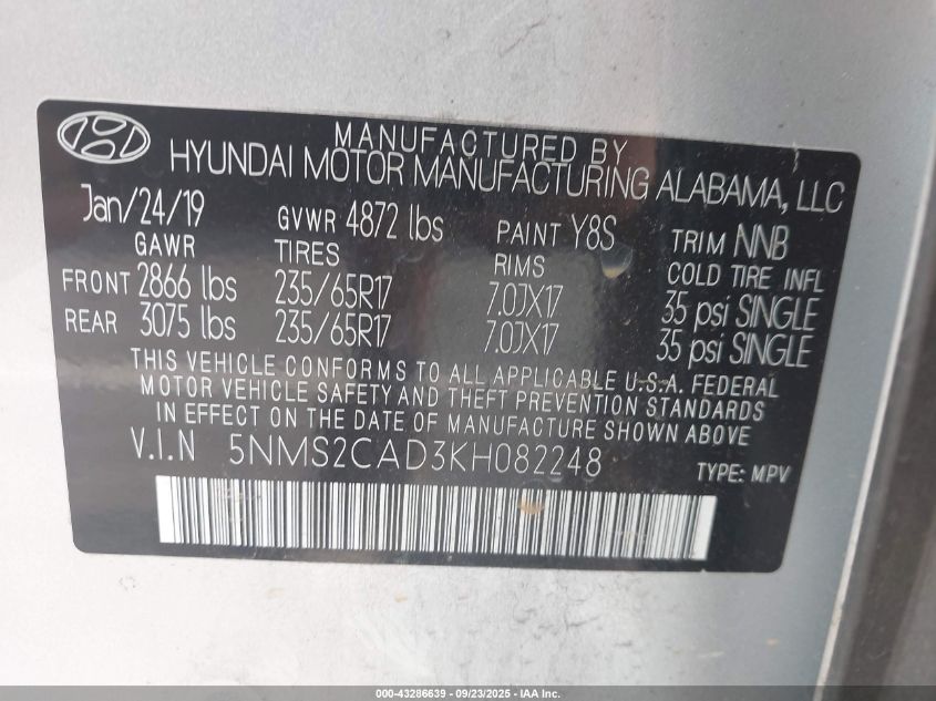 2019 Hyundai Santa Fe Se VIN: 5NMS2CAD3KH082248 Lot: 43286639