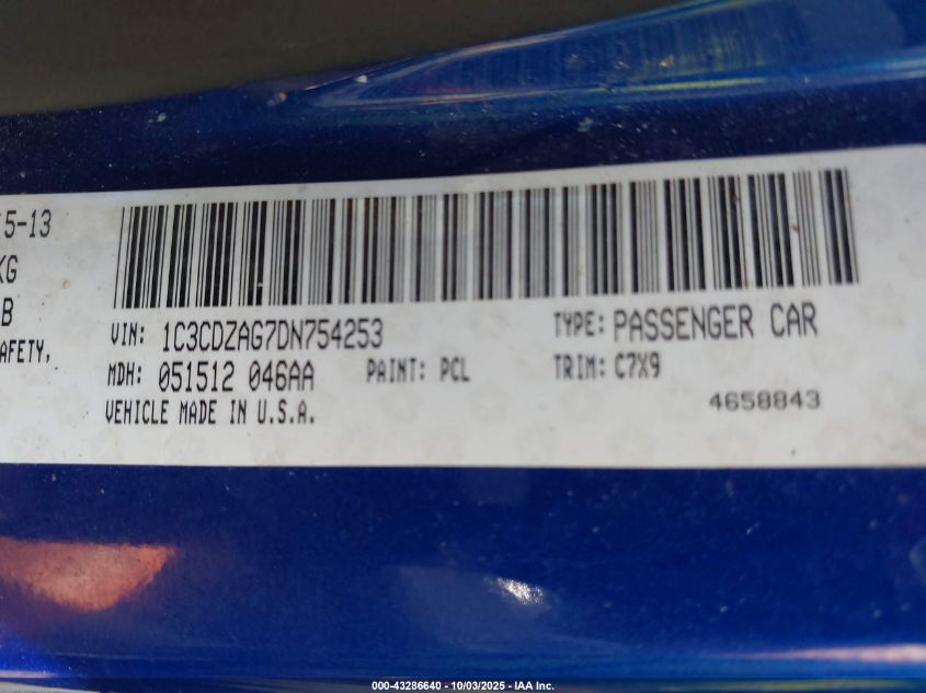 2013 Dodge Avenger Se V6 VIN: 1C3CDZAG7DN754253 Lot: 43286640