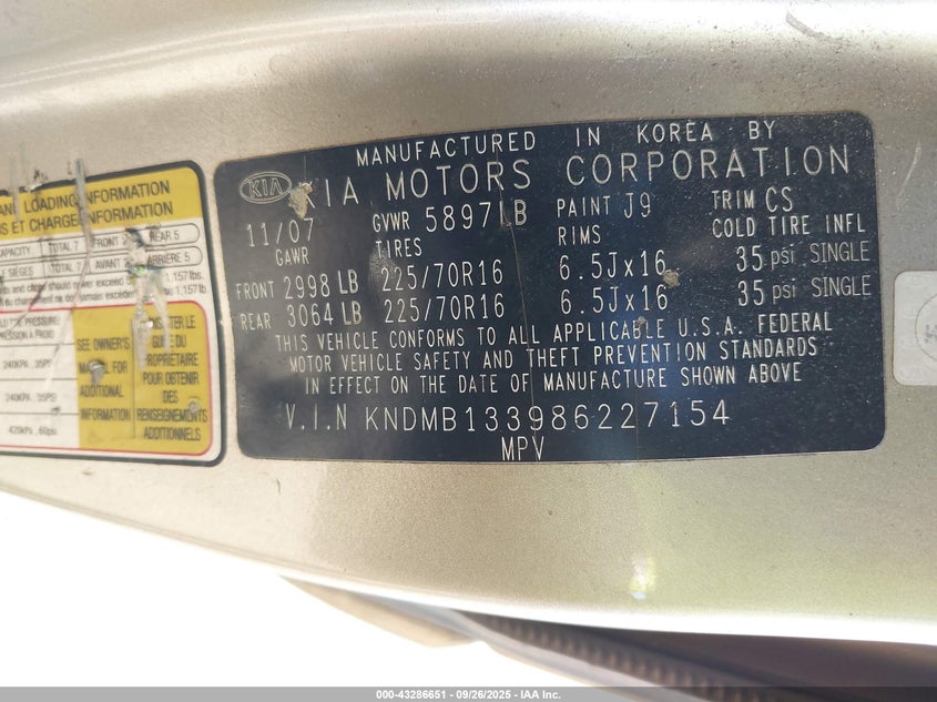 2008 Kia Sedona VIN: KNDMB133986227154 Lot: 43286651