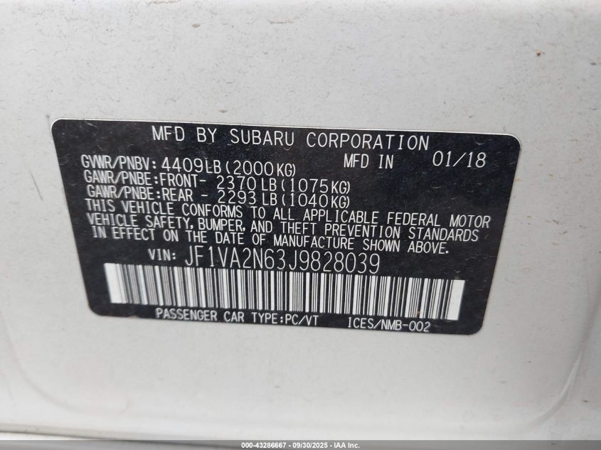 2018 Subaru Wrx Sti VIN: JF1VA2N63J9828039 Lot: 43286667