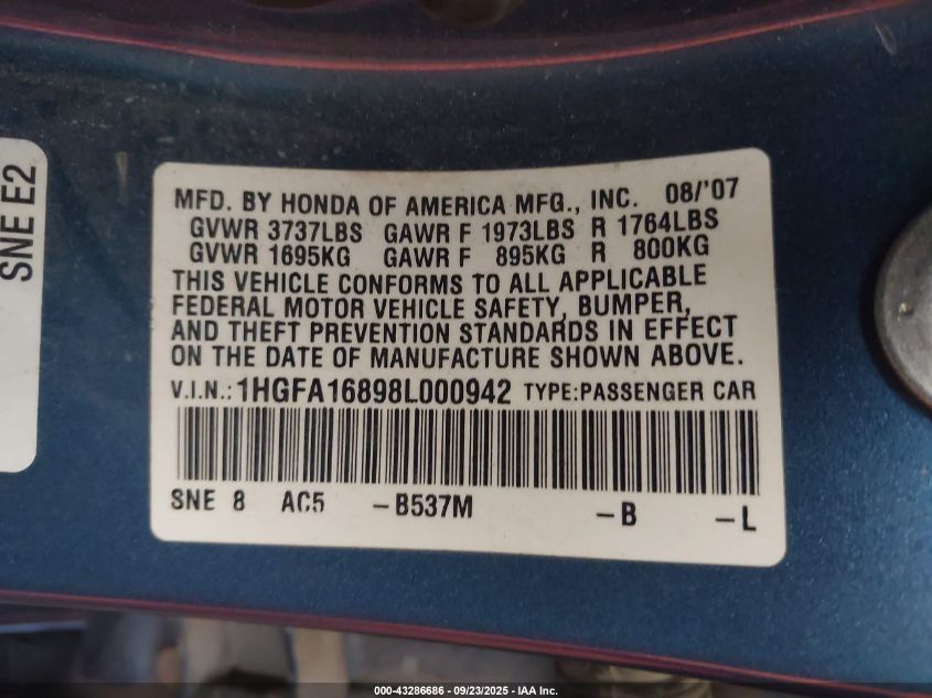 2008 Honda Civic Ex VIN: 1HGFA16898L000942 Lot: 43286686
