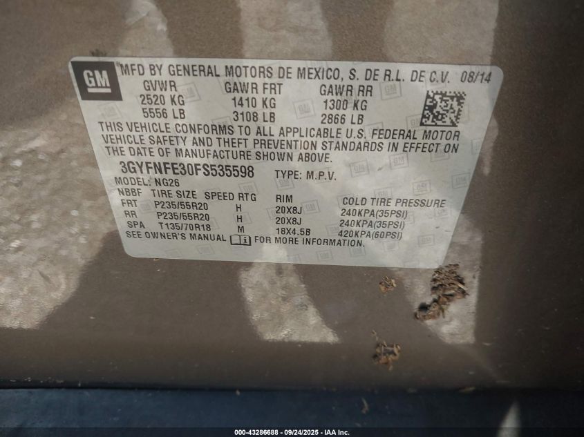 2015 Cadillac Srx Performance Collection VIN: 3GYFNFE30FS535598 Lot: 43286688