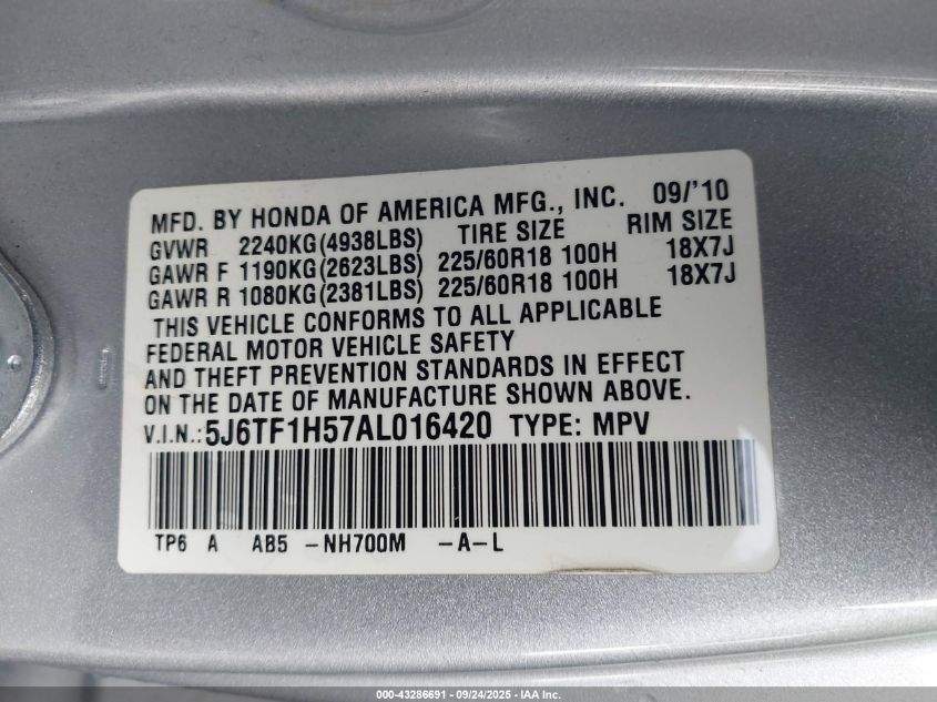 2010 Honda Accord Crosstour Ex-L VIN: 5J6TF1H57AL016420 Lot: 43286691