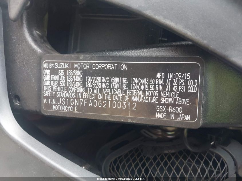 2016 Suzuki Gsx-R600 VIN: JS1GN7FA0G2100312 Lot: 43286696