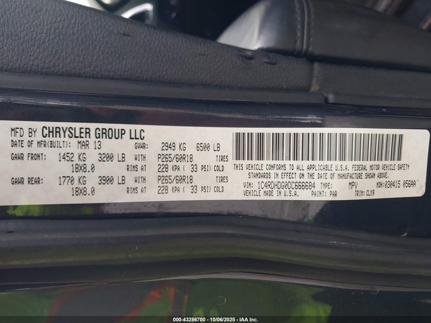 2013 Dodge Durango Crew VIN: 1C4RDHDG0DC666684 Lot: 43286700