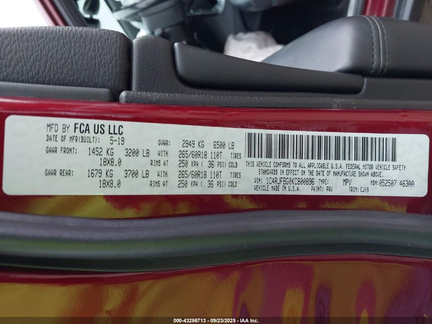 2019 Jeep Grand Cherokee Limited 4X4 VIN: 1C4RJFBG0KC800896 Lot: 43286713