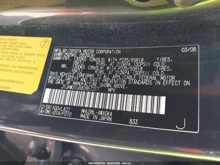 2008 Lexus Rx 400H VIN: JTJHW31UX82857217 Lot: 43286730