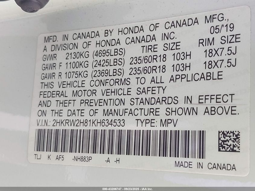 2019 Honda Cr-V Ex-L VIN: 2HKRW2H81KH634533 Lot: 43286747