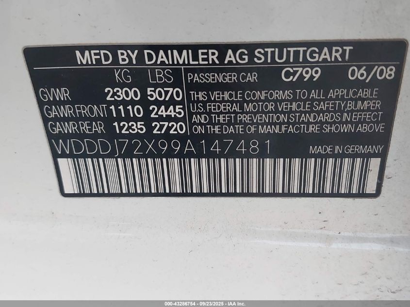 2009 Mercedes-Benz Cls 550 VIN: WDDDJ72X99A147481 Lot: 43286754