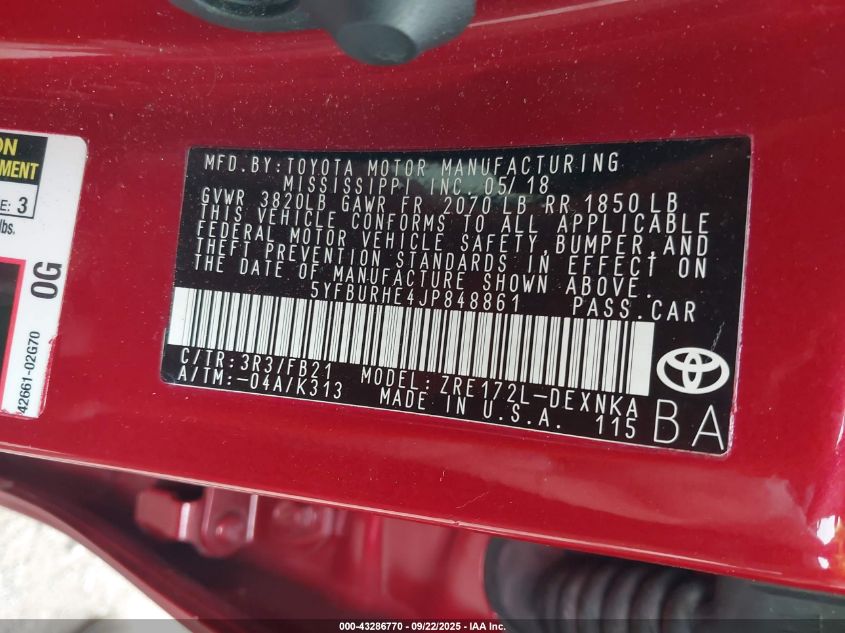 2018 Toyota Corolla Le VIN: 5YFBURHE4JP848861 Lot: 43286770