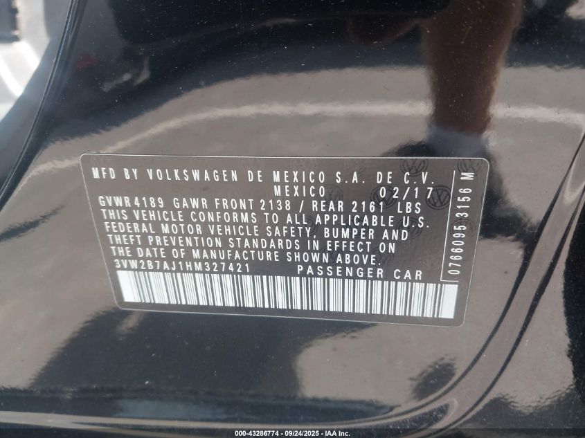 2017 Volkswagen Jetta 1.4T S VIN: 3VW2B7AJ1HM327421 Lot: 43286774