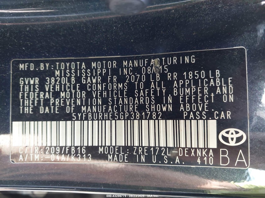 2016 Toyota Corolla Le VIN: 5YFBURHE5GP381782 Lot: 43286775