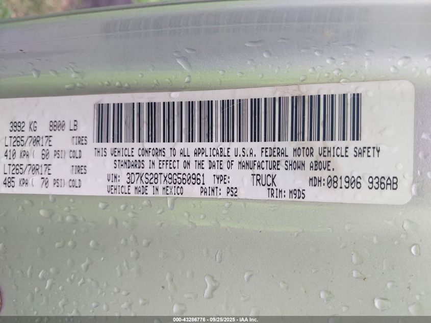 2009 Dodge Ram 2500 Slt VIN: 3D7KS28TX9G560961 Lot: 43286776