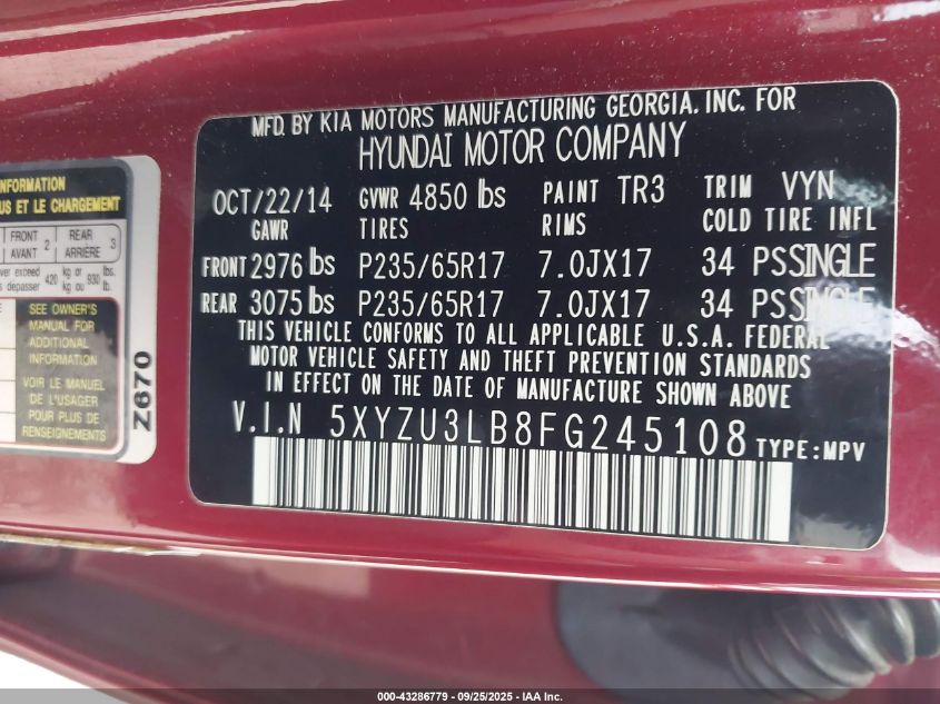 2015 Hyundai Santa Fe Sport 2.4L VIN: 5XYZU3LB8FG245108 Lot: 43286779