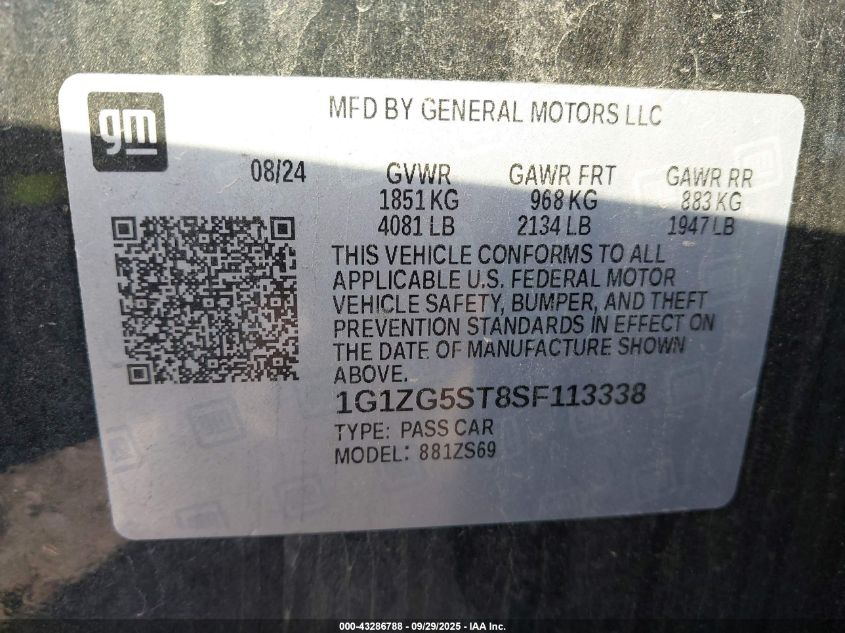 2025 Chevrolet Malibu Fwd Rs VIN: 1G1ZG5ST8SF113338 Lot: 43286788