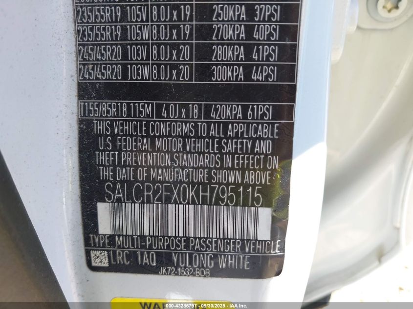 2019 Land Rover Discovery Sport Hse/Landmark Edition VIN: SALCR2FX0KH795115 Lot: 43286797