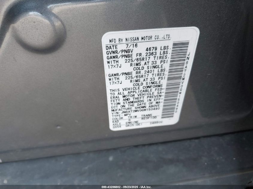 2016 Nissan Rogue S VIN: JN8AT2MV0GW150490 Lot: 43286802