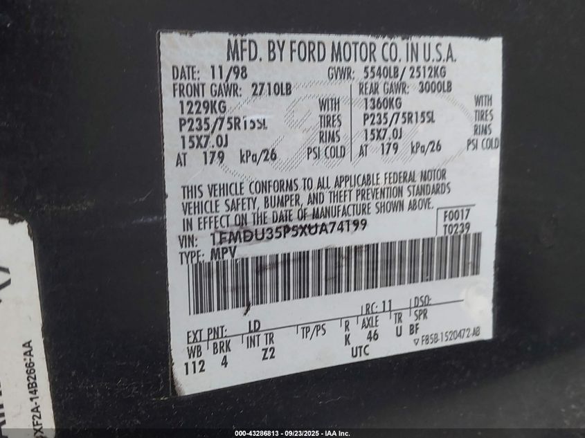 1999 Ford Explorer Eddie Bauer/Limited/Xlt VIN: 1FMDU35P5XUA74199 Lot: 43286813