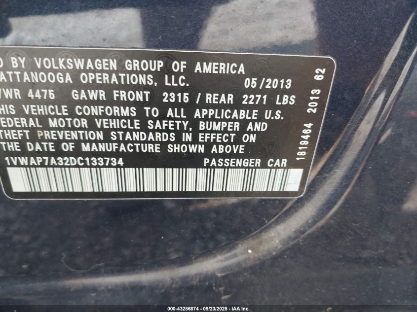 2013 Volkswagen Passat 2.5L Wolfsburg Edition VIN: 1VWAP7A32DC133734 Lot: 43286874