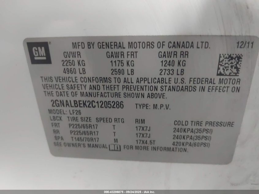 2012 Chevrolet Equinox Ls VIN: 2GNALBEK2C1205286 Lot: 43286875