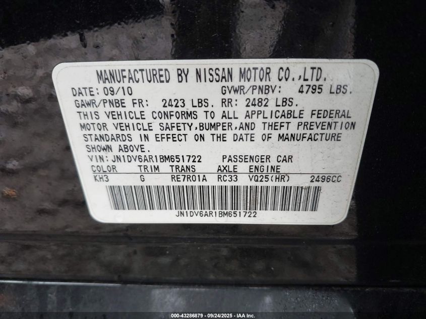 2011 Infiniti G25X VIN: JN1DV6AR1BM651722 Lot: 43286879