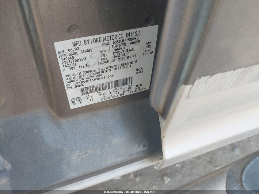 2003 Ford F-150 Lariat/Xlt VIN: 1FTRW07693KD95059 Lot: 43286882
