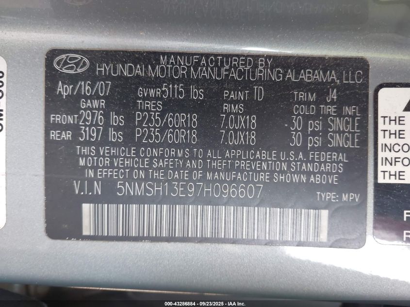 2007 Hyundai Santa Fe Limited/Se VIN: 5NMSH13E97H096607 Lot: 43286884