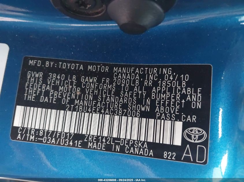 2010 Toyota Corolla S VIN: 2T1BU4EE4AC387006 Lot: 43286886