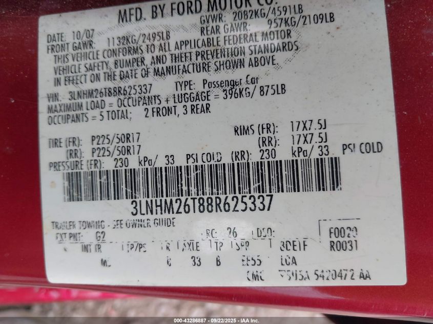 2008 Lincoln Mkz VIN: 3LNHM26T88R625337 Lot: 43286887