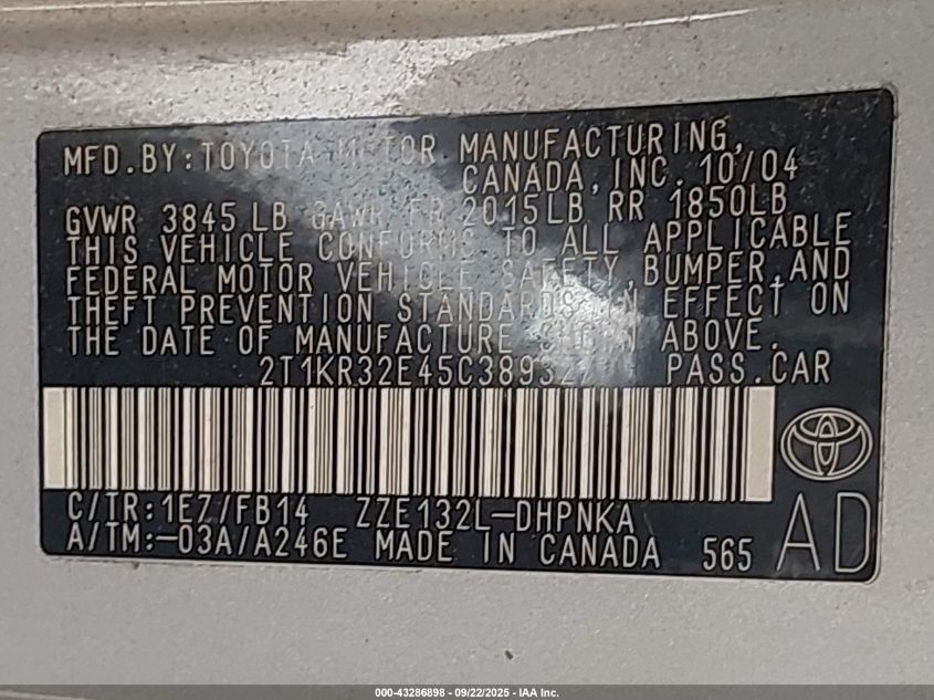 2005 Toyota Matrix Xr VIN: 2T1KR32E45C389327 Lot: 43286898