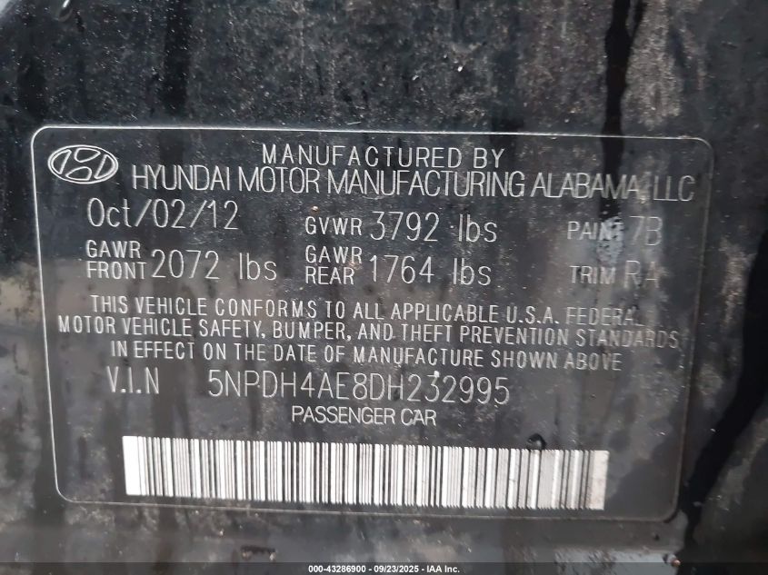 2013 Hyundai Elantra Gls VIN: 5NPDH4AE8DH232995 Lot: 43286900