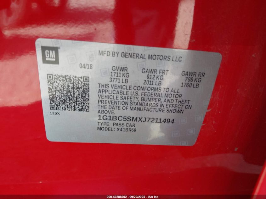 2018 Chevrolet Cruze Ls Auto VIN: 1G1BC5SMXJ7211494 Lot: 43286902