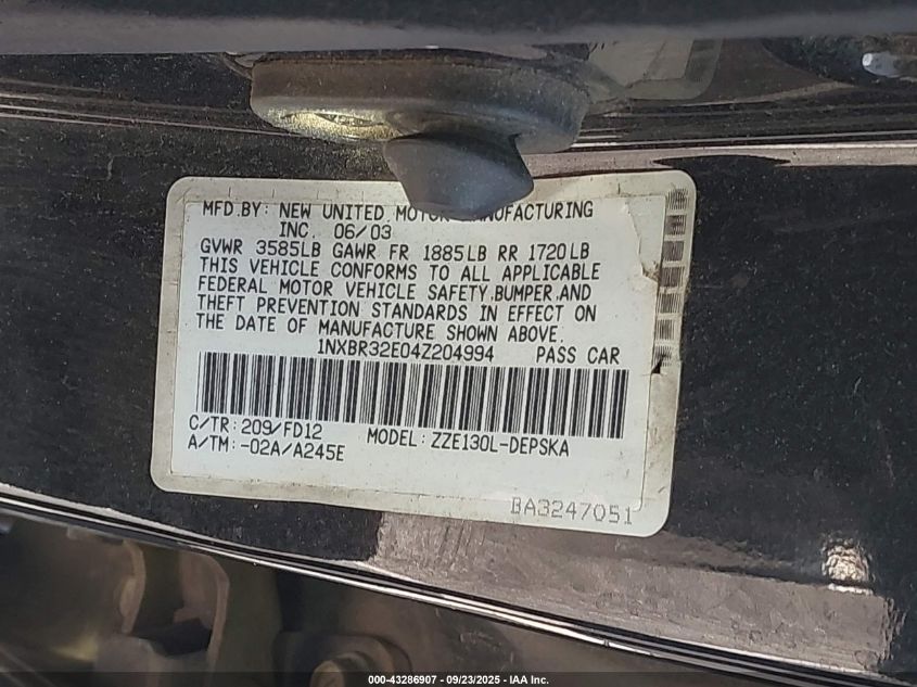 2004 Toyota Corolla S VIN: 1NXBR32E04Z204994 Lot: 43286907