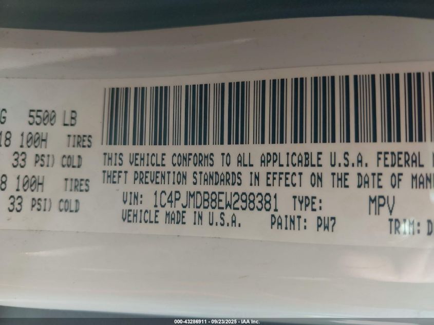 2014 Jeep Cherokee Limited VIN: 1C4PJMDB8EW298381 Lot: 43286911