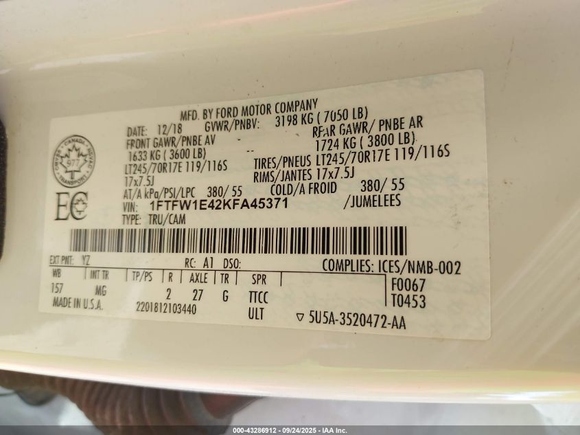 2019 Ford F-150 Xlt VIN: 1FTFW1E42KFA45371 Lot: 43286912