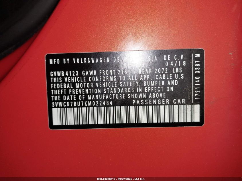 2019 Volkswagen Jetta 1.4T R-Line/1.4T S/1.4T Se VIN: 3VWC57BU7KM022484 Lot: 43286917