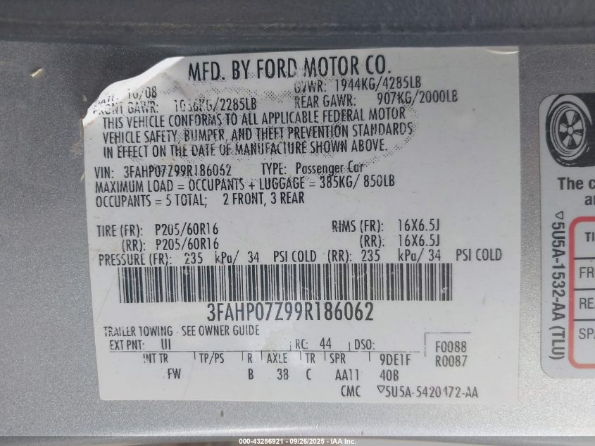 2009 Ford Fusion Se VIN: 3FAHP07Z99R186062 Lot: 43286921