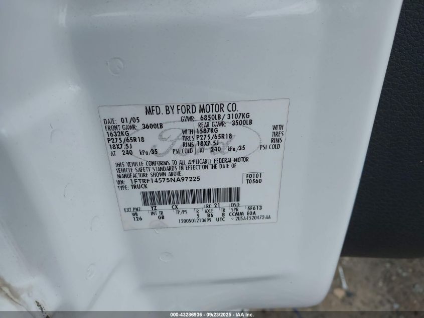 2005 Ford F-150 Fx4/Xl/Xlt VIN: 1FTRF14575NA97225 Lot: 43286936
