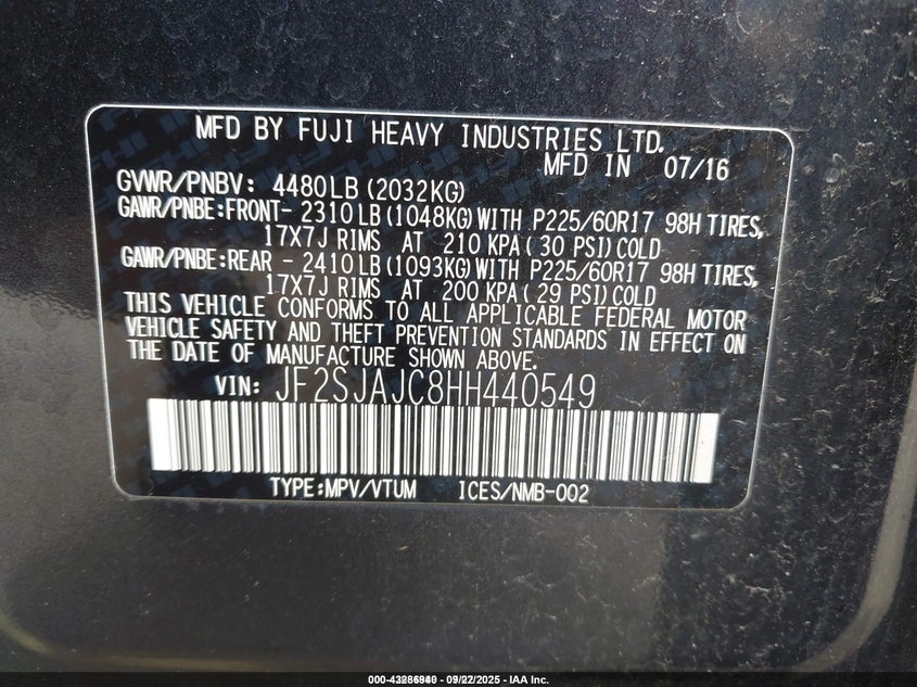 2017 Subaru Forester 2.5I Limited VIN: JF2SJAJC8HH440549 Lot: 43286940