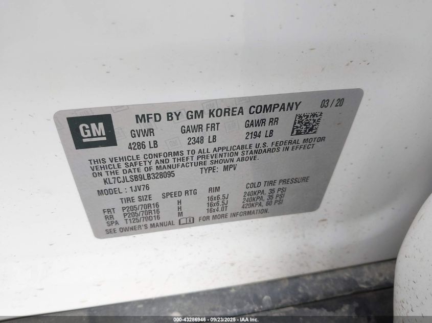 2020 Chevrolet Trax Fwd Lt VIN: KL7CJLSB9LB328095 Lot: 43286946