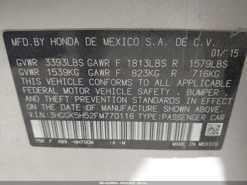 2015 Honda Fit Lx VIN: 3HGGK5H52FM770116 Lot: 43286954