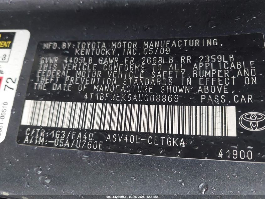 2010 Toyota Camry Xle VIN: 4T1BF3EK6AU008869 Lot: 43286955