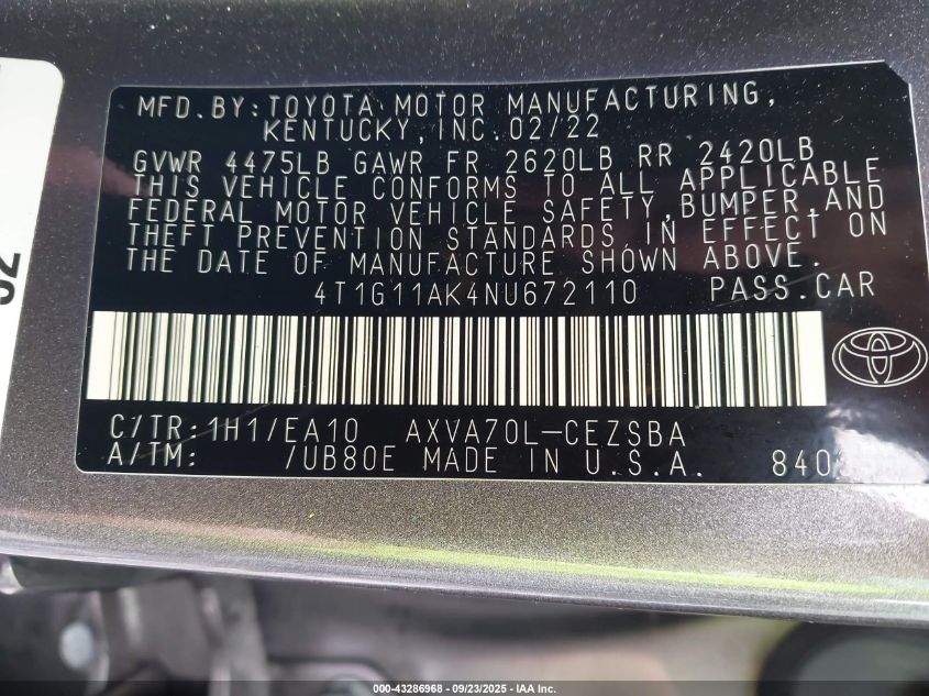 2022 Toyota Camry Se VIN: 4T1G11AK4NU672110 Lot: 43286968