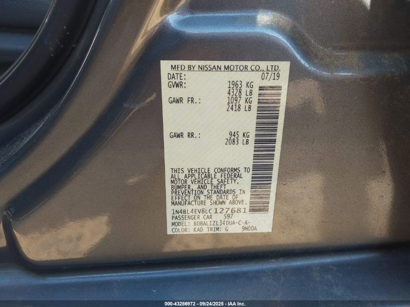 2020 Nissan Altima Sl Fwd VIN: 1N4BL4EV8LC127681 Lot: 43286972