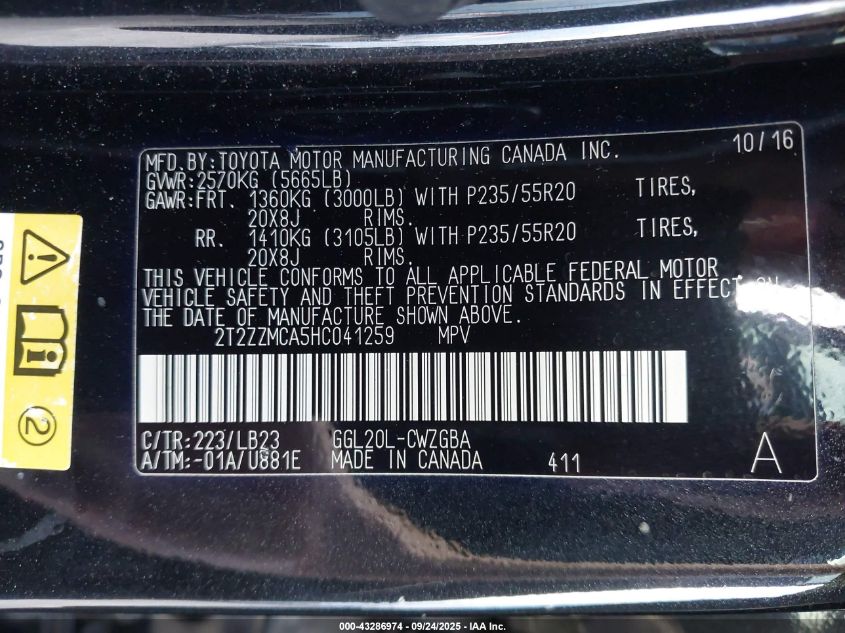 2017 Lexus Rx 350 VIN: 2T2ZZMCA5HC041259 Lot: 43286974