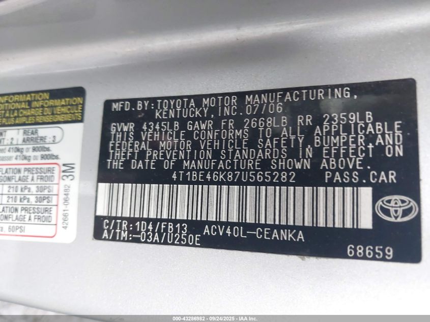 2007 Toyota Camry Le VIN: 4T1BE46K87U565282 Lot: 43286982