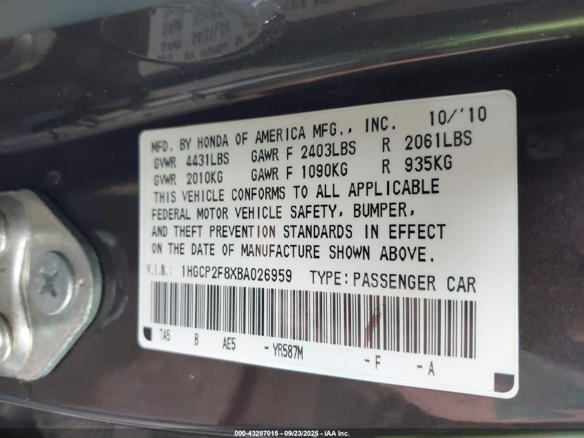 2011 Honda Accord 2.4 Ex-L VIN: 1HGCP2F8XBA026959 Lot: 43287015